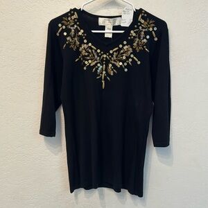 American Glamour Black Top with Gold Colored Embellishments Size Medium